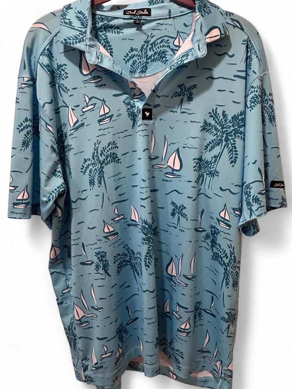 Bad Birdie The Castaway Polo Size L Blue Sailboat Palm Trees Golf Shirt